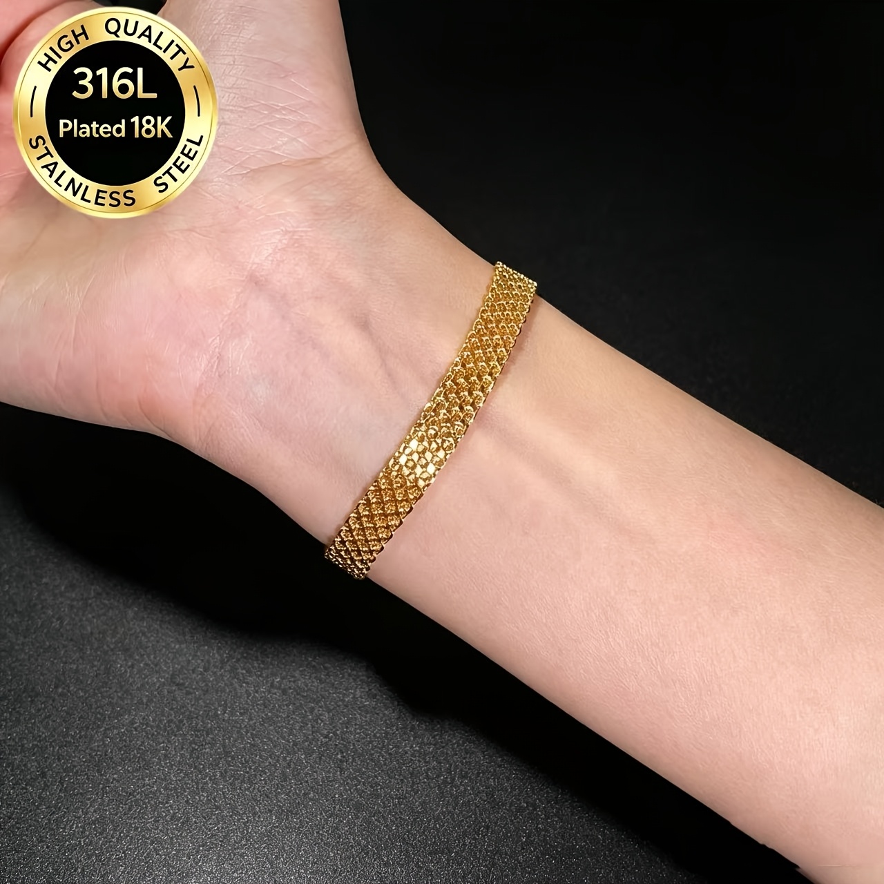 TEMU Bracelet tressé 1 pièce pour femme en acier inoxydable 316L plaqué or 18K, chaîne fine empilable de luxe léger, étanche et résistant à la