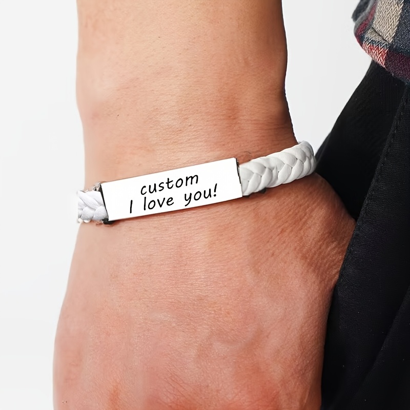 Personalized Braided Leather Bracelet with Engraved ID for Men Women