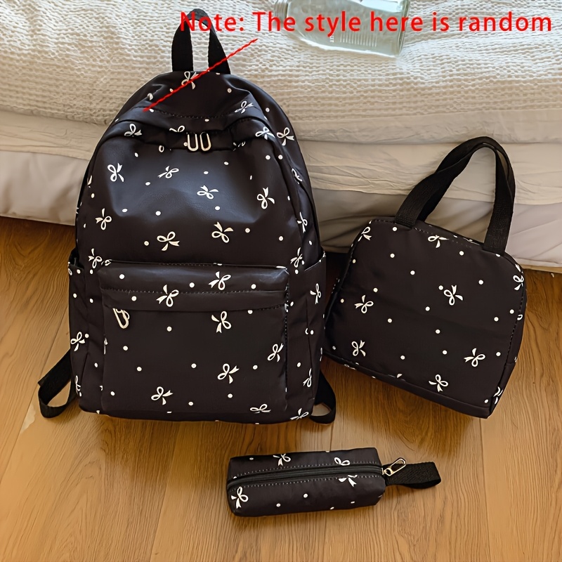 TEMU Women's Backpack 3pcs Women's Backpack Set - Stylish Bow Print Backpack + Handbag + Wallet Combo, Durable Fabric With Adjustable Straps Multiple