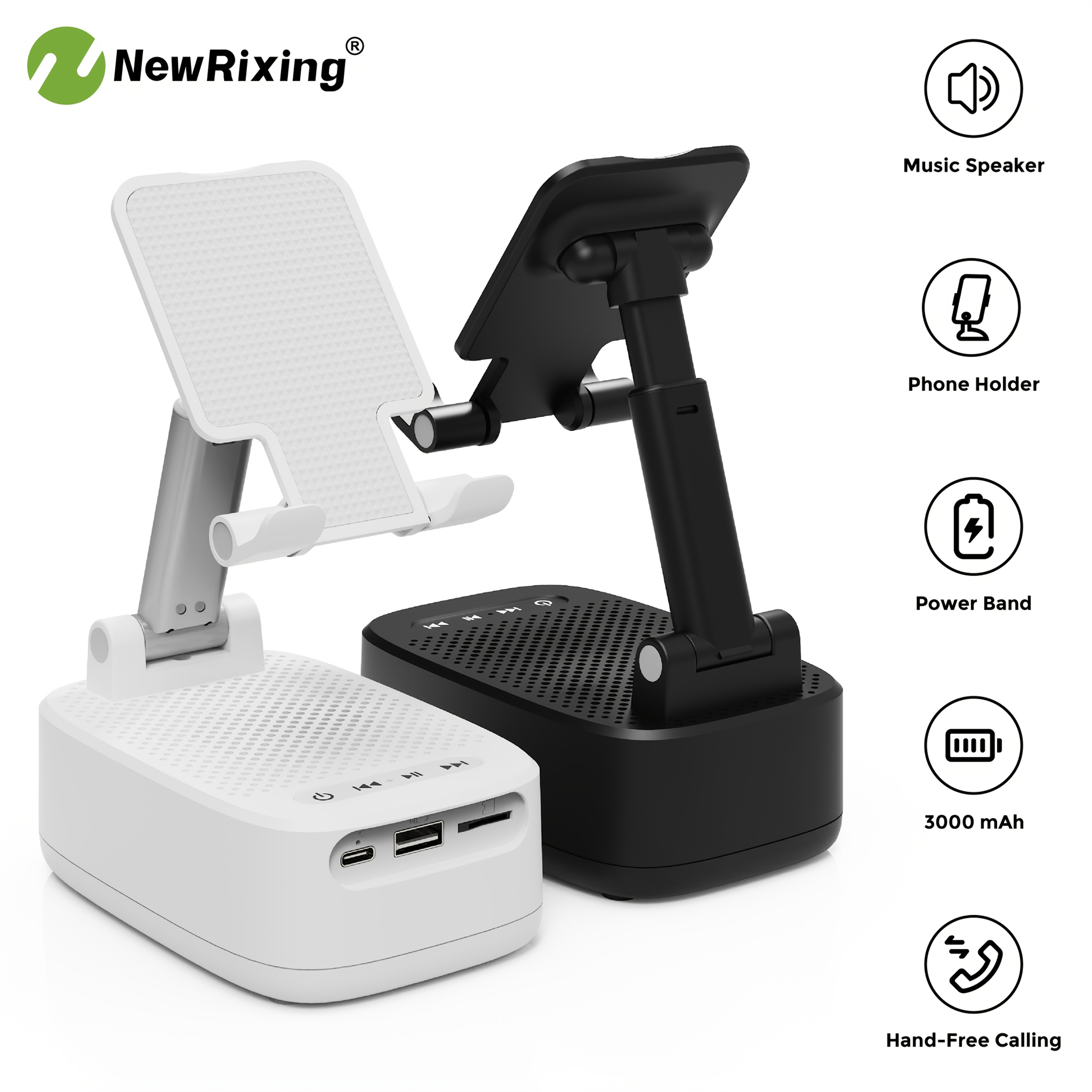 Alto-falantes sem fio NewRixing 6W com suporte para celular, emparelhamento  TWS, bateria de 3000mAh, uso de celular mãos-livres, power bank móvel, suporta reprodução BT, TF, USB, 7 horas de reprodução, qualidade de som Hi-Fi, estéreo alto e graves potentes, carregamento USB-C, para 6