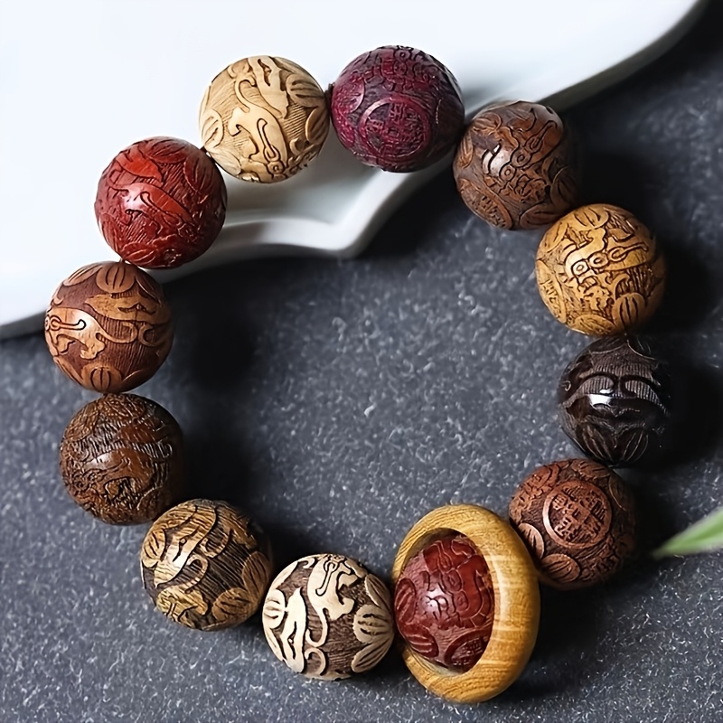 Handcrafted 20mm Diameter Carved Flower Zodiac Bead Bracelet, Unisex