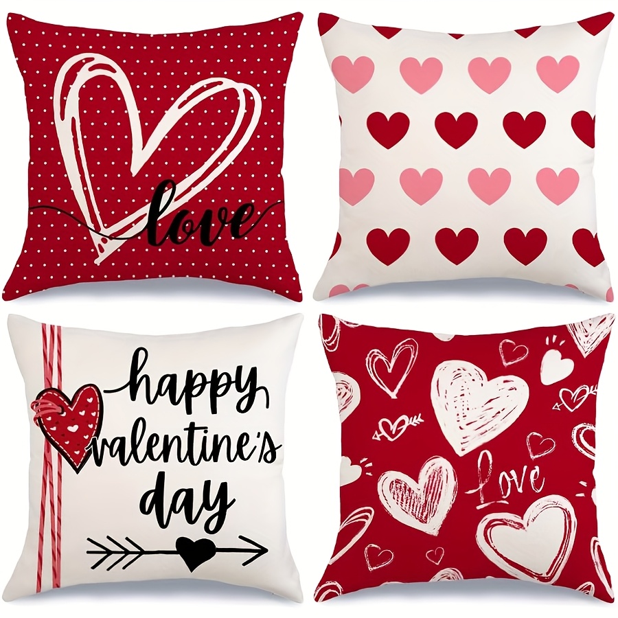 

4pcs Happy Valentine's Day Love Throw Pillow Covers With Hearts And , Decorative Farmhouse Wedding Cushion Cases, Zip Closure, Machine Washable, 100% Linen For Home Decoration, Valentines Decor