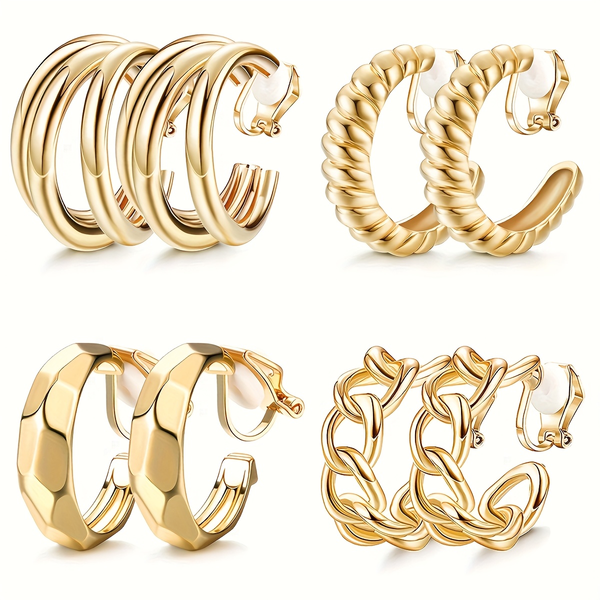 TEMU 4 Pairs Exquisite Clip-on Hoop Earrings For Women Retro-inspired, No-piercing Featuring Twisted Triple Cz Square & Chunky Geometric Designs Perfect Gift Set