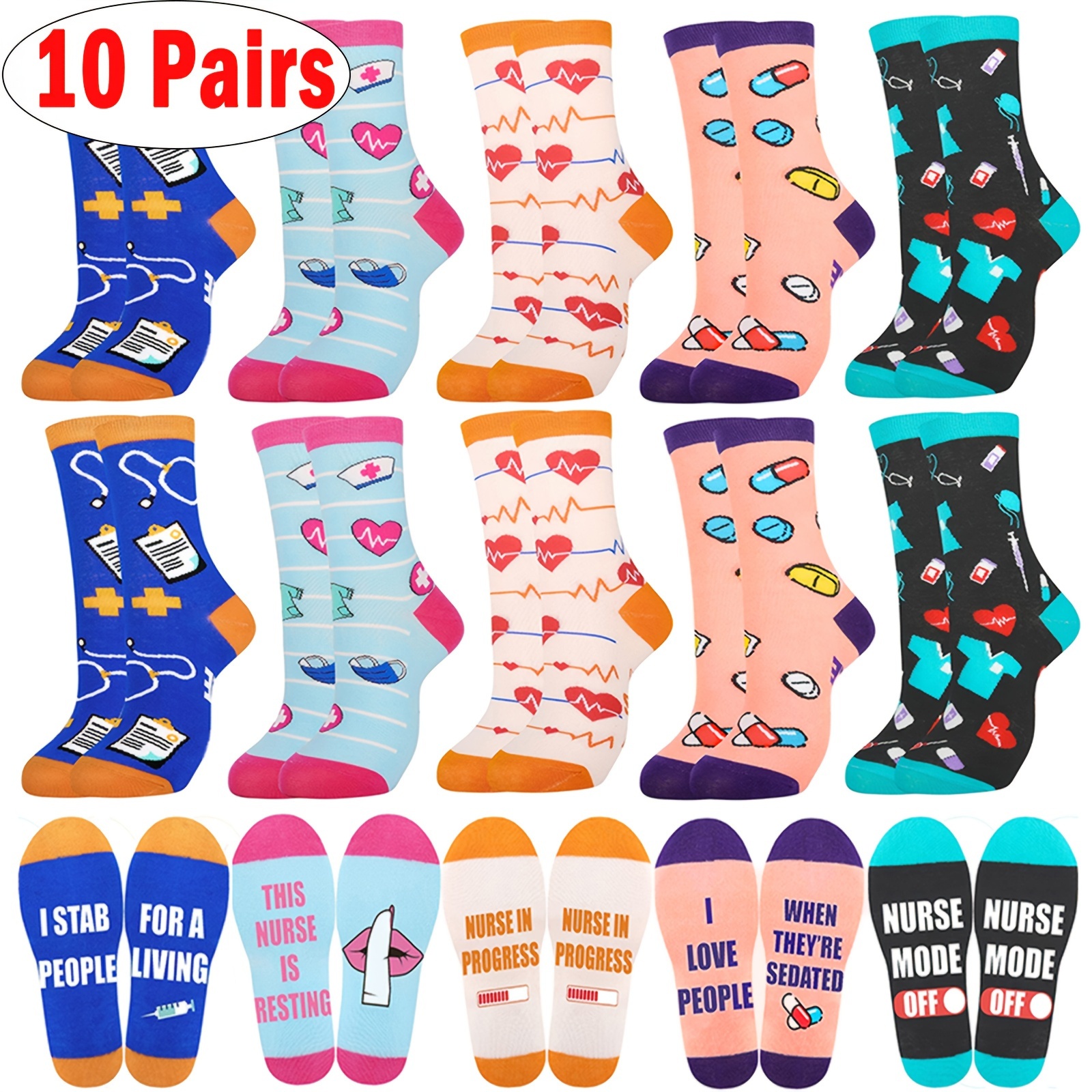 Image of 10 Pairs Of Nurse Socks For Doctors,, Dental For Men And Women Creative Women's Nurse Fun Crazy Stylish Crew Socks Nurse Theme Socks Gift For Nurses Thank You Nurse Socks Women's Novelty Midtube Socks