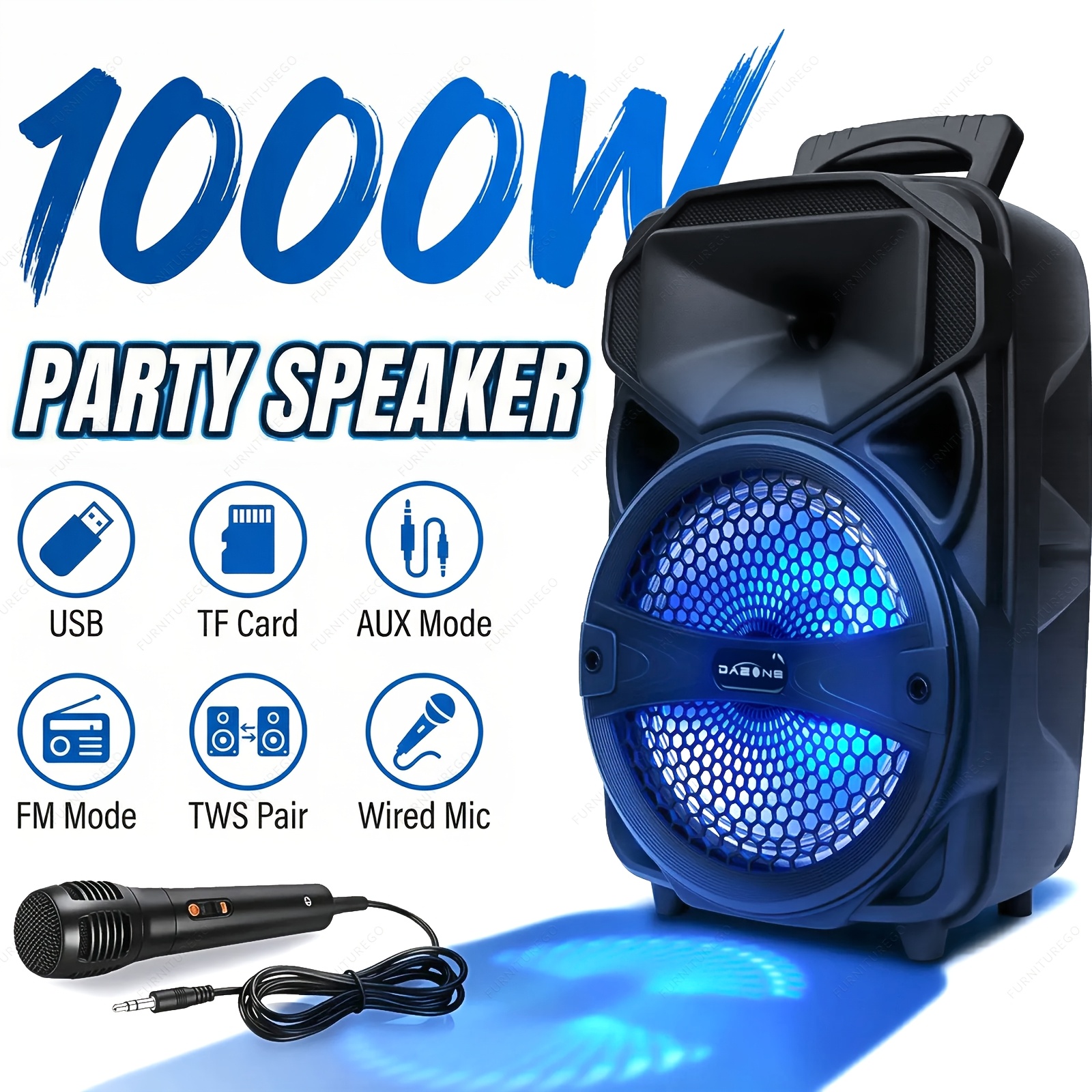 TEMU 1000w Portable Wireless System With Subwoofer, , 8-inch Speaker Karaoke Machine, Fm Radio, Eq Mode, Strobe Lights With Wire Microphone, Remote
