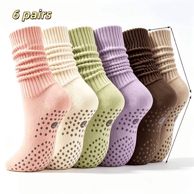 TEMU 6 Pairs Women Non-slip Yoga Pilates Socks Solid Color Slouch Mid-calf Socks Indoor Workout Sports Socks Jp 220 250 Kr 220 250