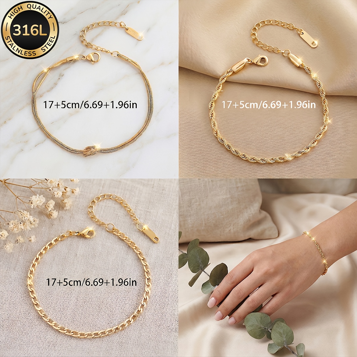 3pcs Women's 316L Stainless Steel 18K Golden Plated Bracelet Set