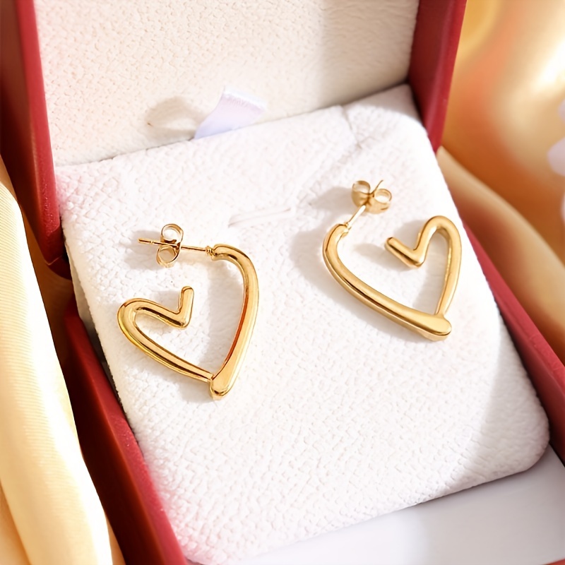 1 pair elegant 18k golden plated hollow heart shaped hoop earrings for women cute 304 stainless steel hypoallergenic non fading versatile for daily wear christmas gift Product details 0