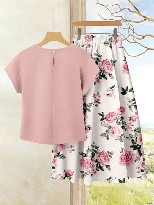 womens solid color top and printed skirt set