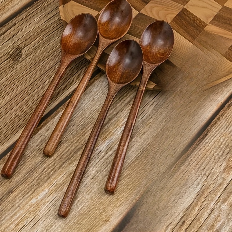 Set of 4 Wooden Soup Spoons, Multifunctional 23.5 Cm Long-Handled Wooden Spoons - Reusable Wooden Cutlery for Stirring, Long Soup Spoons, Suitable for Afternoon Tea, Home, Restaurants, Travel, And Dinner Parties.