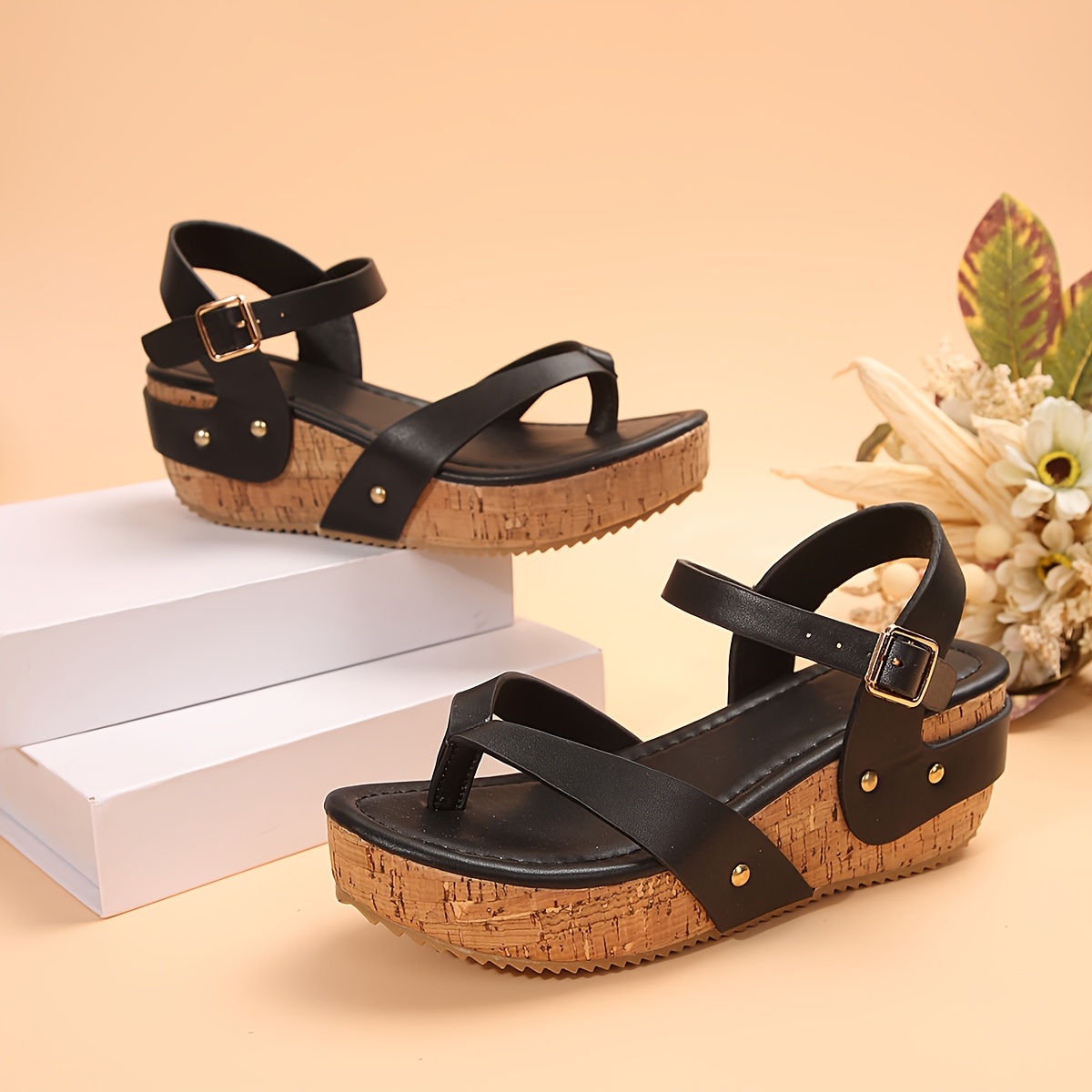 2026 Summer New Black T-Strap Platform Wedge Sandals Cork Sole Comfortable Height-Increasing Flip-Flops, Women Shoes