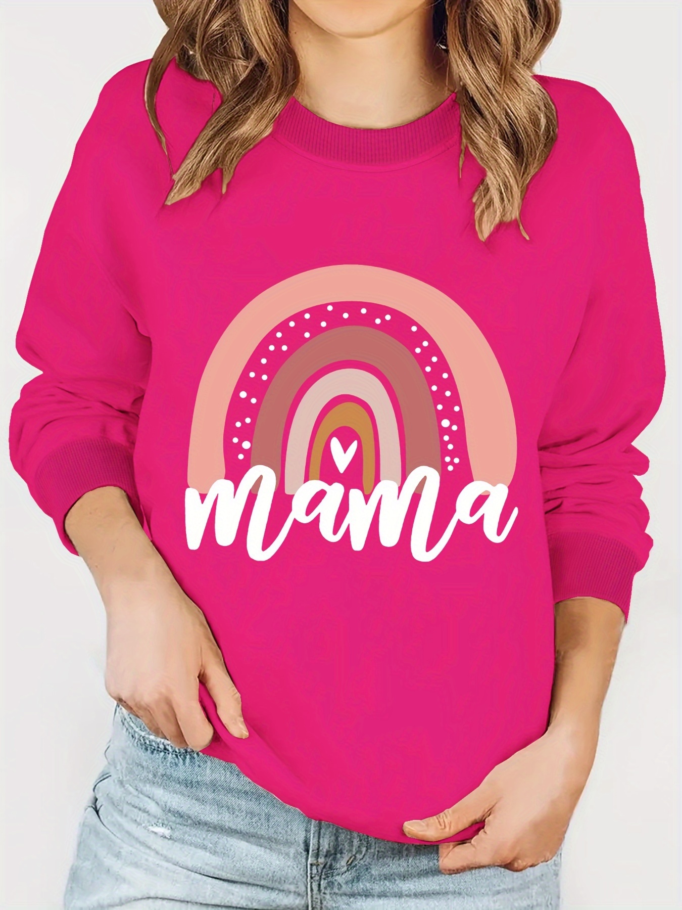 Plus Size Rainbow Stripe & Letter Mama Print Sweatshirt, Crew Neck Casual Sweatshirt For Fall & Spring, Women s Plus Size Clothing