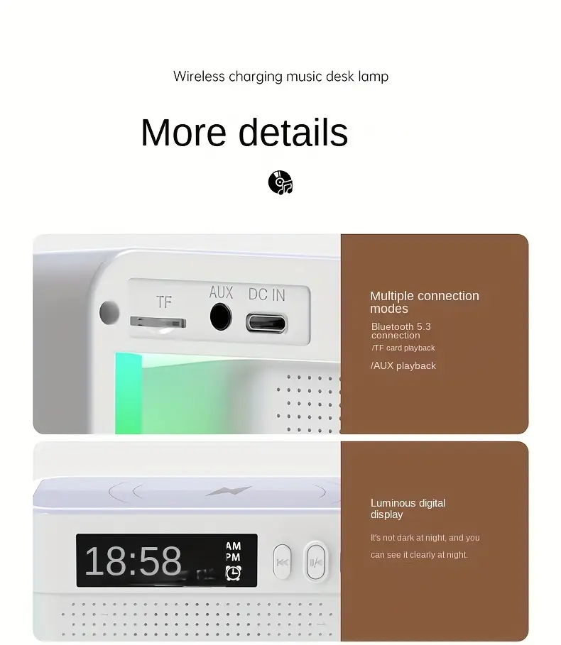 new 4 in 1 wireless charging speaker colorful led desk lamp wireless charging wireless speaker multi functional hifi speaker heavy bass speaker time alarm clock tf card speaker details 6