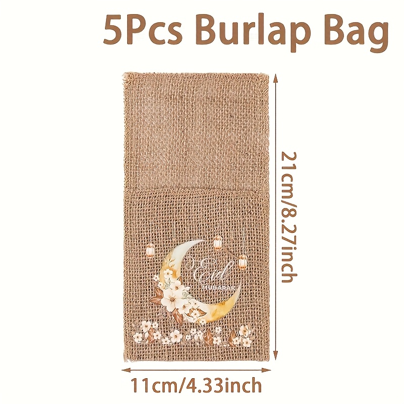 Image of 5pcs Eid Linen Moon Lantern Flower Knife Fork Bags, Ramadan Kareem Burlap Bag, For Home Decoration, Party Tableware Bags, Ramadan Mubarak For Home Knife And Fork Packaging Bag