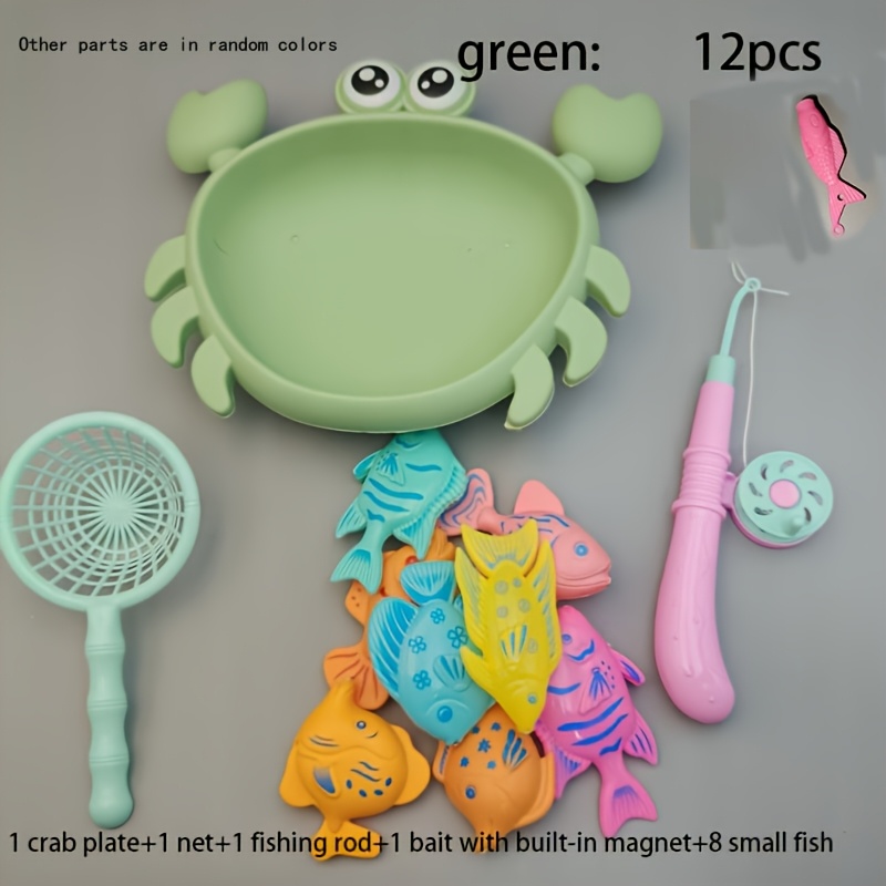 Image of 12pcs Crab Fishing Toy, Random Colors. Set: 1 Crab Tray, 1 Net, 1 Rod, 1 Magnetic Bait, 8 Small Fish. Summer Party Toy For +. Great For Indoor & Outdoor Play, Gifts And Birthdays
