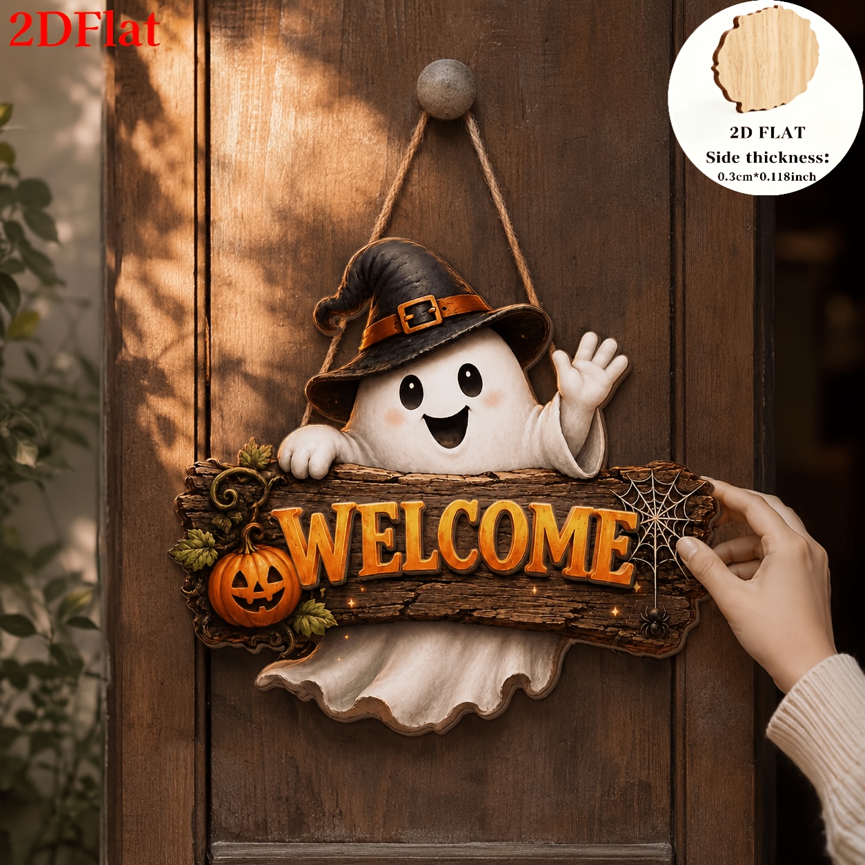 TEMU 2d Flat, 1pc Halloween Wooden Door Sign, Cute Ghost Welcome Decor, Pumpkin Porch Ornament, Spooky Moving Gift, For , Present
