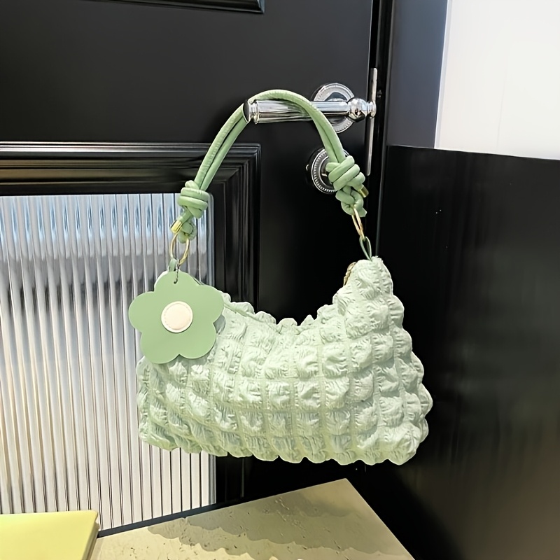 TEMU レディース 韓国風 バブルプリーツ 花柄ハンドバッグ - コンパクトナイロン トップハンドル ショルダーバッグ、開閉＆ストラップ付き、旅行・普段使いに最適