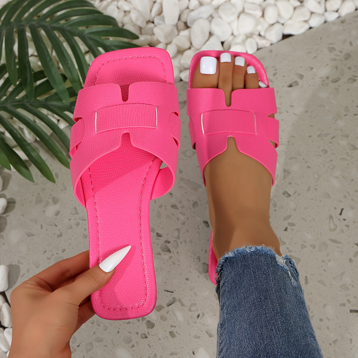 Women'S Flat Sandals - Colorful Square Toe Slip-On Shoes with Faux Cover Upper & Sole, Casual Summer Monogram Footwear in White, Pink, Yellow, Blue, Green & More, Everyday Sandals | Square Toe Design | Synthetic Cover Sandal