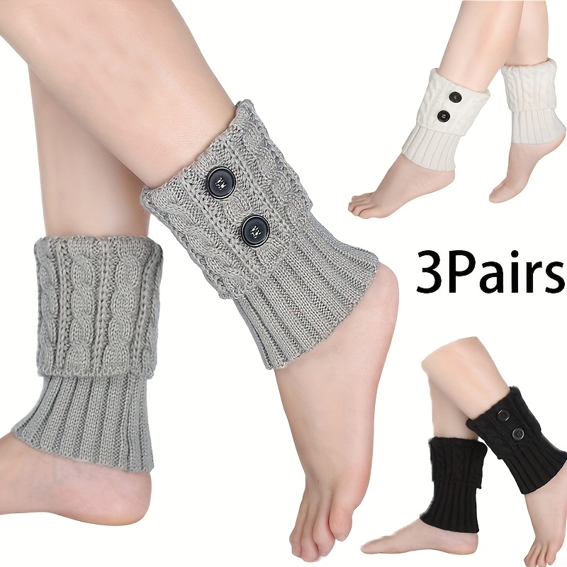 

3 paires de jambières tricotées confortables pour femmes - Chaussettes hautes en acrylique % avec détail boutonné - Couleur unie, lavables à - Accessoires de protection des pieds pour l'hiver