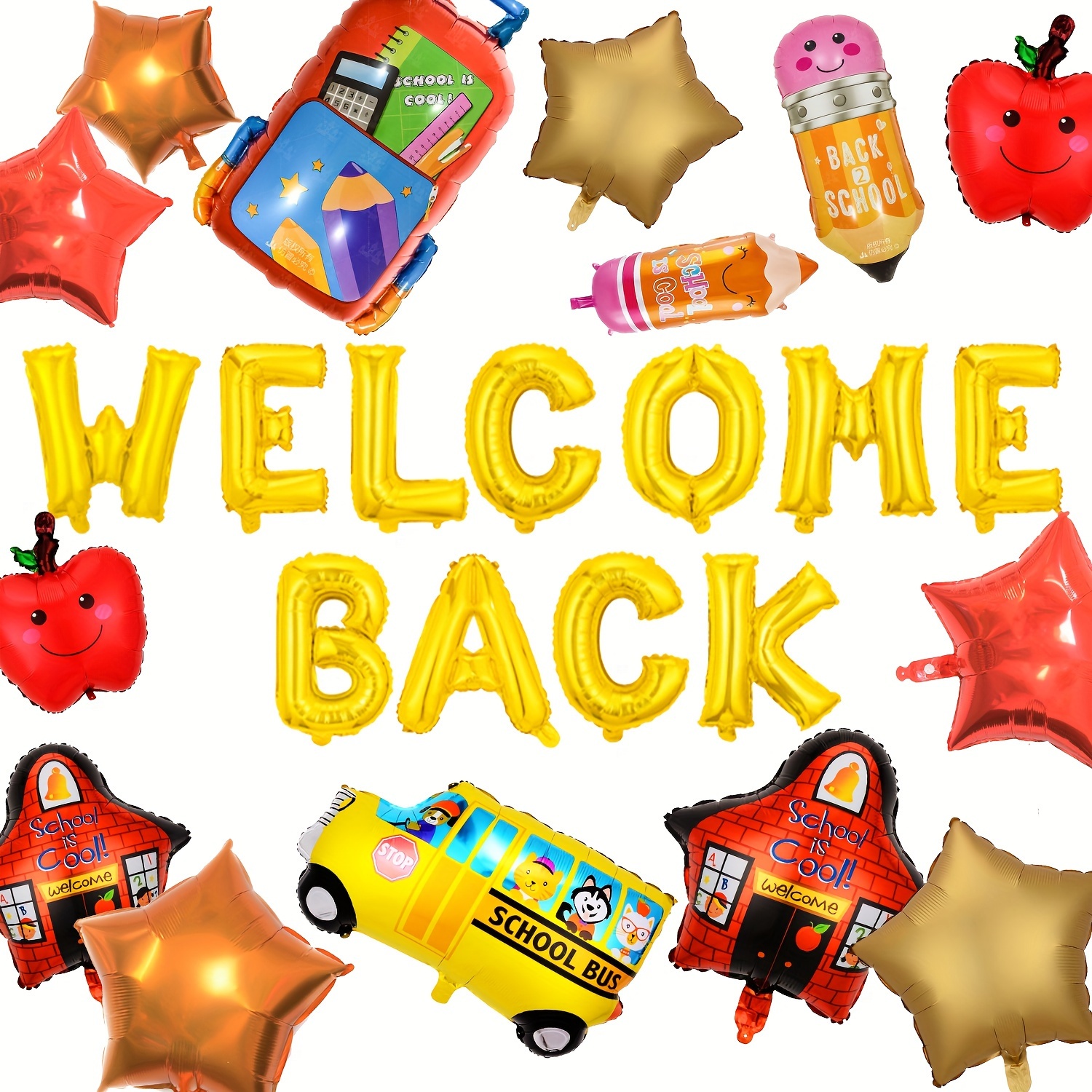 

15 Pack Back To School Balloons Party Decorations, Welcome Back Banner, Pencil Apples Schoolbag School Bus Balloons, First Day Of School For Classroom Teacher
