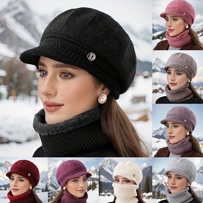 

Cozy Knit Winter Hat For Women - Fleece-lined, Ear Protection, Bucket Cap With Visor