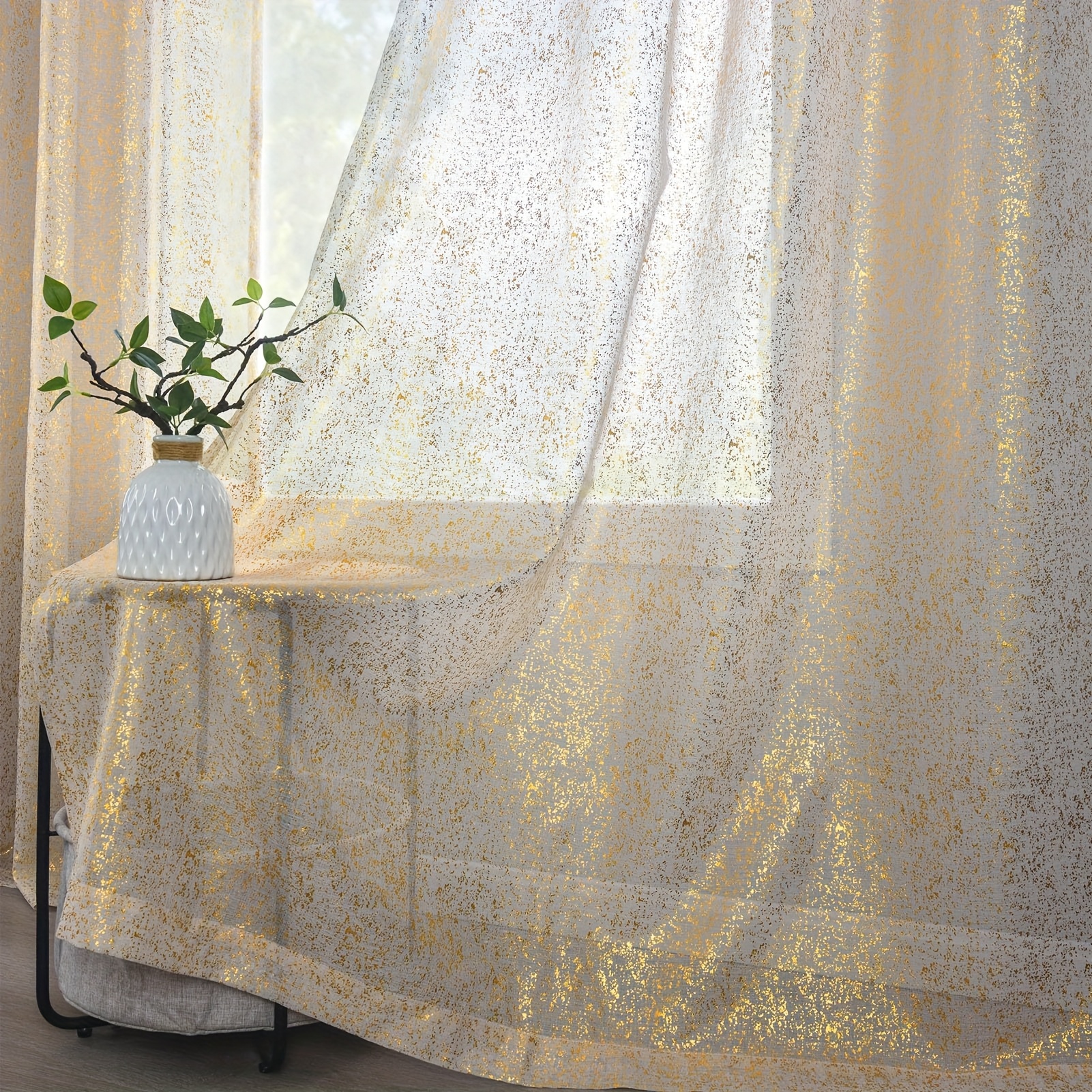 E-shop 1 Stück Vergoldete Glitzer-Vorhang – Künstlerisches Goldfolien-Design, 100 % Polyester Halbtransparente Gardine mit Ösenband für Wohnzimmer &