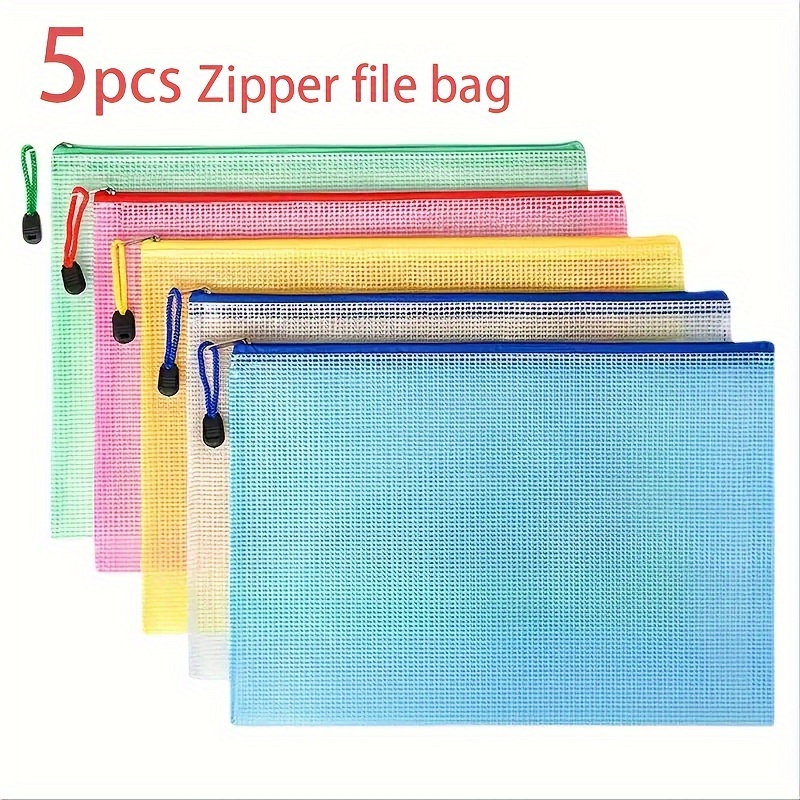 

10-pack A4 Size Pvc Double Mesh Zipper Pouches, Waterproof File Jackets & Pockets, Multi-purpose Travel Organizer For Office & Home - 5 Assorted Colors