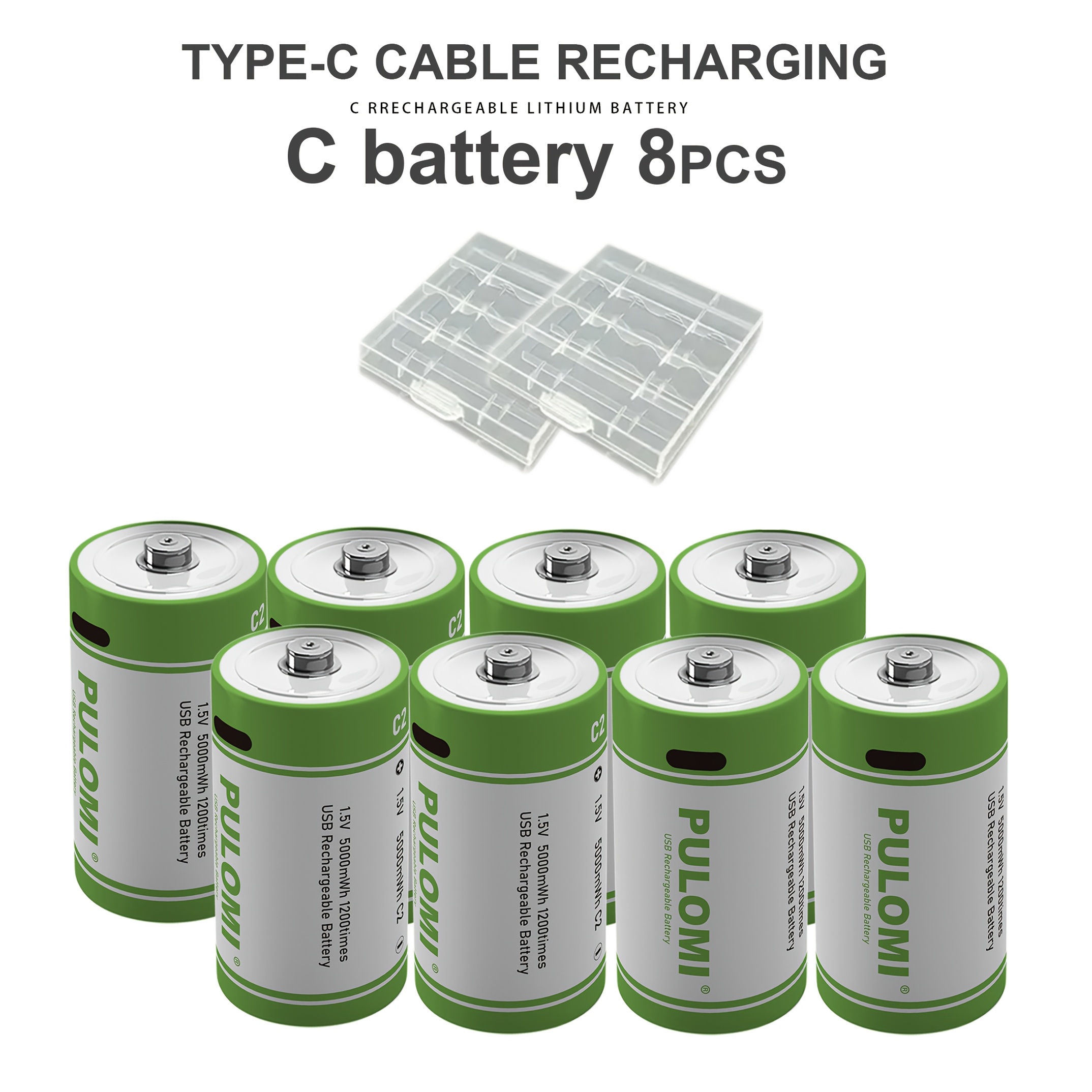 TEMU 8 stuks C-batterijen, Ultra-Duurzame C-lithium Oplaadbare Batterij, Hoge Capaciteit 1.5V 3300mAh 5000mWh, Snel opladen in 2,5 uur, 1200 cycli
