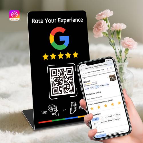 immagine dell'articolo supporto per recensioni, scheda nfc per recensioni, supporta nfc e i qr per recensioni, mensili, per ristoranti, negozi, - materiale pvc resistente, design moderno, stile minimalista, base di visualizzazione stabile, con i