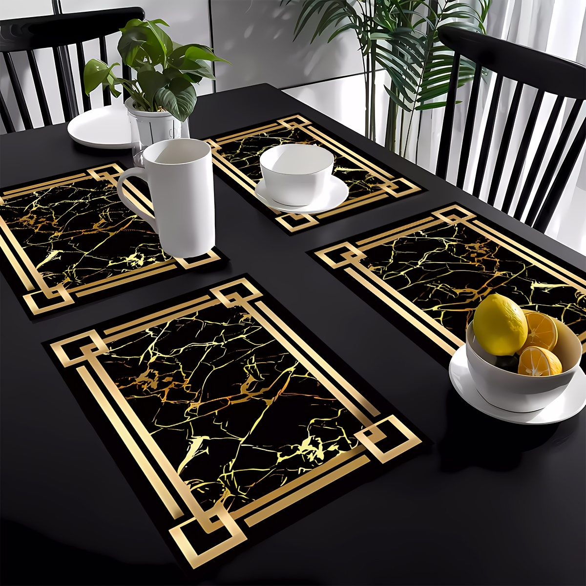 

4pcs Black Golden Element Patterned Tableware Mats, Coasters, Table Mats, Suitable For Kitchen Dining Tables, Party Decoration Placemats, Home Decor, Ideal Gift Decoration.