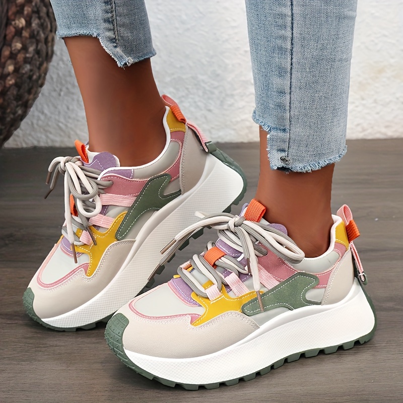 New Women's Dad Shoes 2024 Autumn Height-Increasing Casual Breathable Thick-Sole Red Color-Block Travel Versatile Shoes, Women Shoes, Sneakers