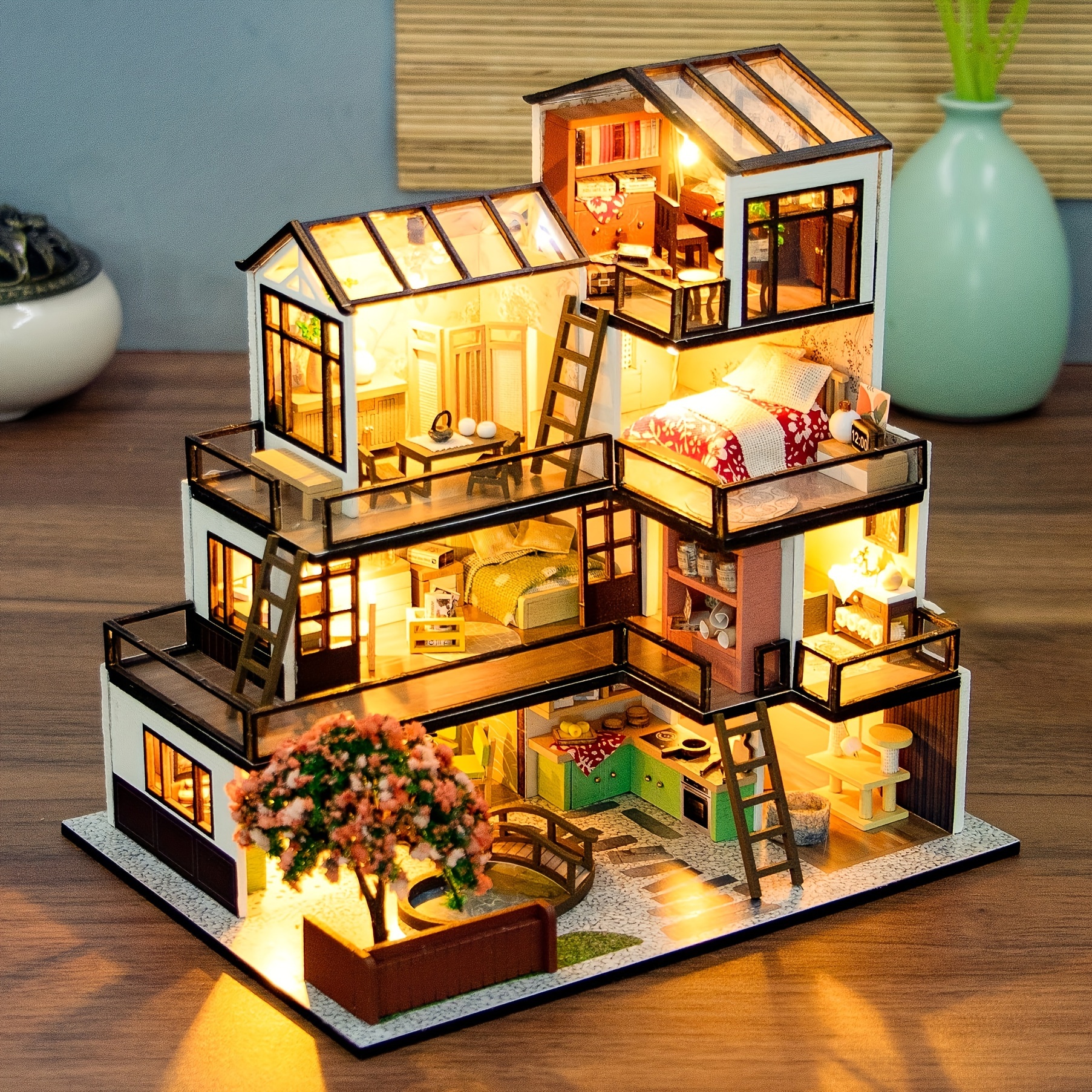 DIY Miniature House Kit - Dollhouse Building Set With LED Lights For Adults & Teens
