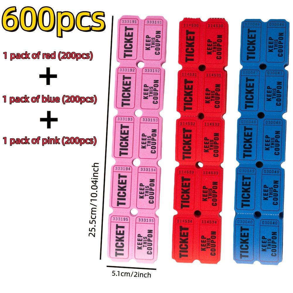 TEMU 3 Rolls, 600 Sheets/3 Packs, 600 Sheets/300 Pairs Of Lottery Tickets -3 Colors (red/blue/pink), Suitable For Events, Carnivals, Tickets, Class