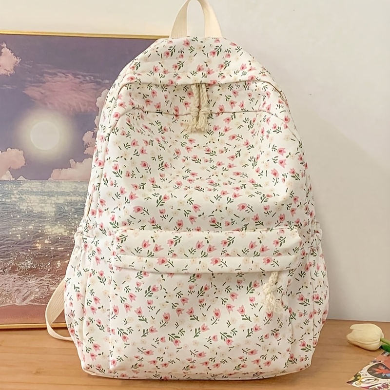 TEMU 1pc White Nylon Floral Print Dual Zipper Large Capacity Fashionable Versatile Backpack, Student Bag