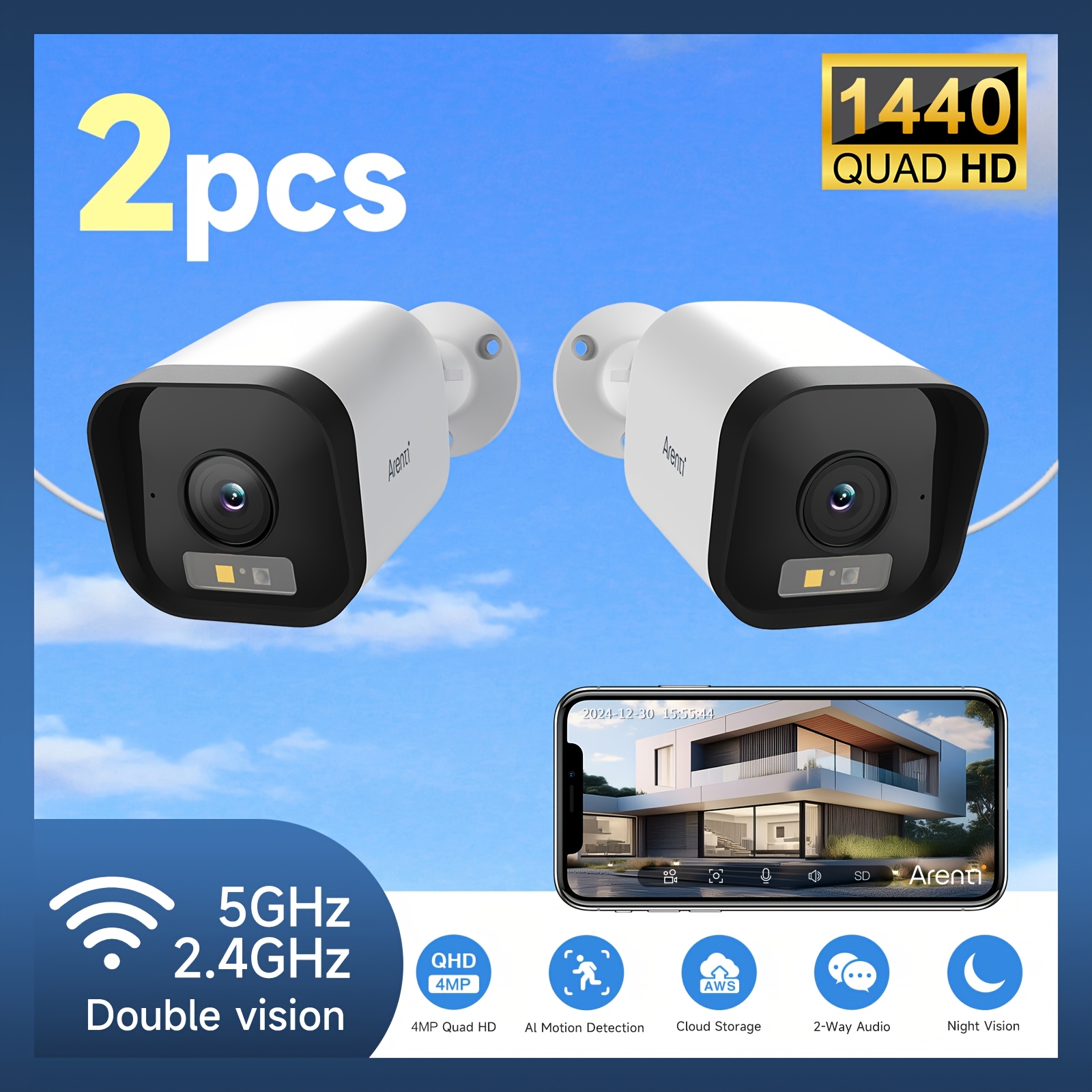 TEMU Arenti 2pcs 1440p Qhd, 4mp Qhd Security Cameras Wifi Outdoor Cameras, Home Security Cameras With Pir Detection, Night Vision, Spotlight & Siren,