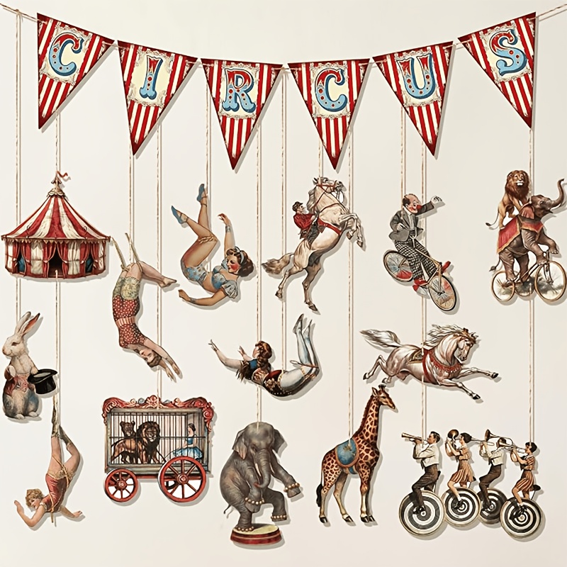 TEMU A Set Of -themed Banner Flags With Vintage Acrobats, Elephants, , And Tent Patterns, Featuring Spiral Ornaments For Party Wall Ambiance