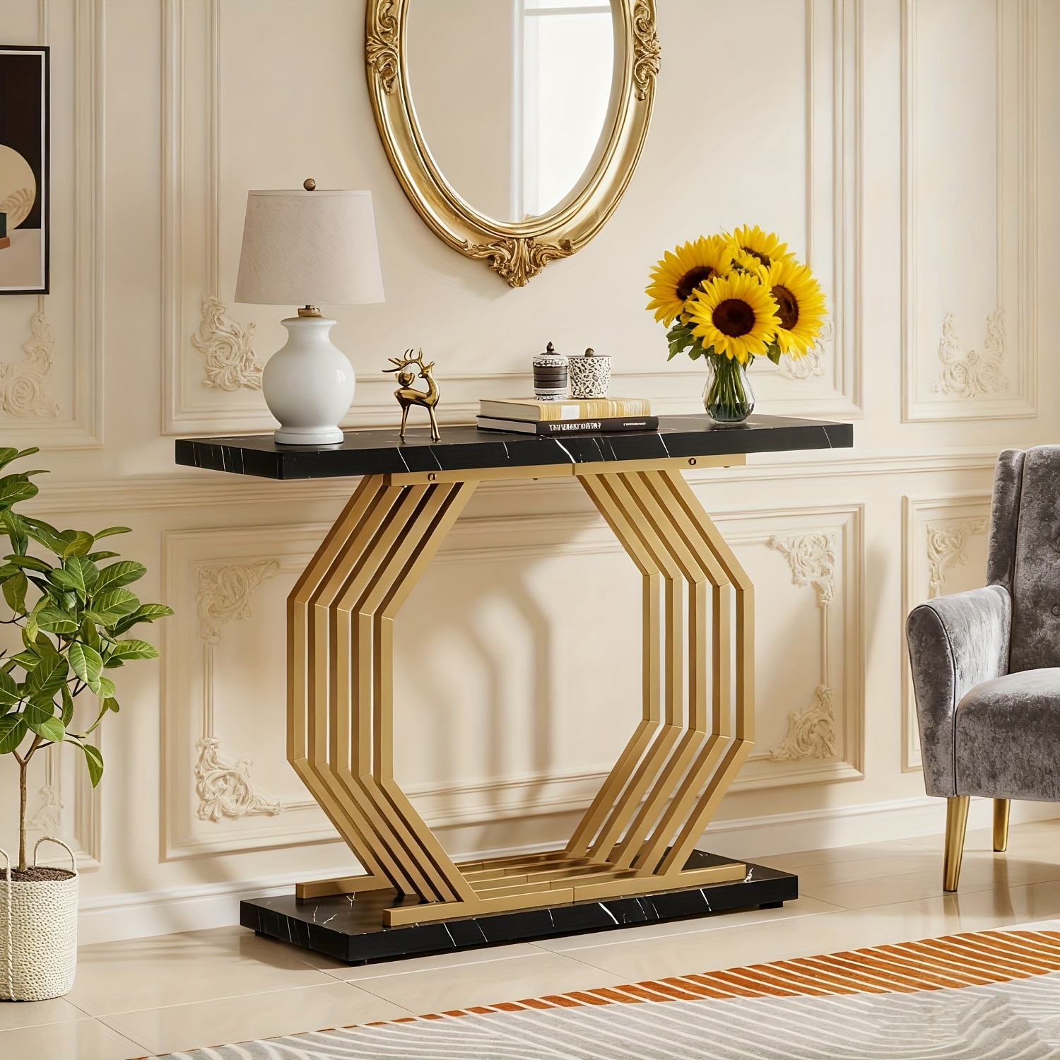 TEMU Golden Console Table, Marble Entryway Table Narrow Sofa Table With Geometric Metal Base, 40 Inch Modern Accent Table Entrance Table For Living Room, Hallway, Foyer, Deck Boxes