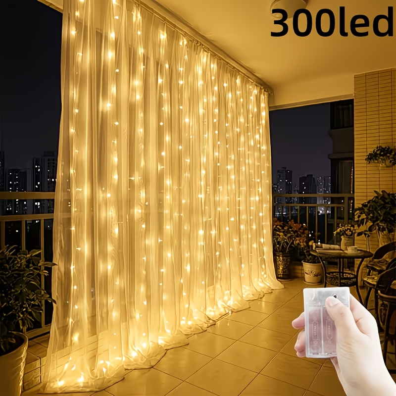 TEMU Guirlande Lumineuse LED Rideau 10x10ft, Blanc Chaud à Suspendre à avec 8 , à Piles, Décoration pour Noël, Halloween, Mariage, Fête, Intérieur et