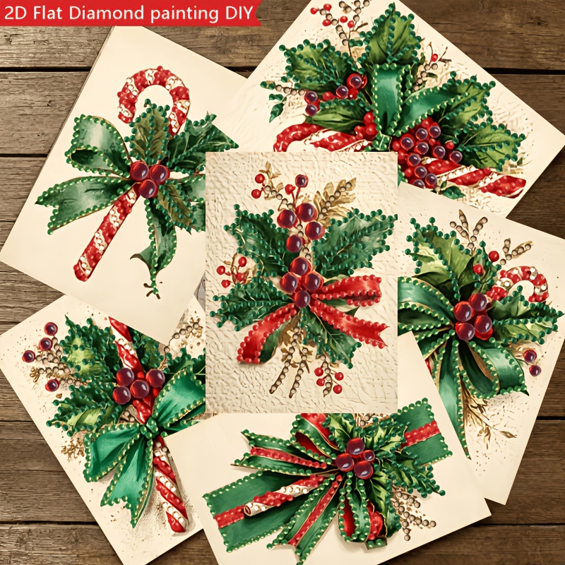 TEMU 6pcs Vintage Holly Cane Shaped Diamond Painting Greeting Card Set, Diy And Blank Envelopes Included, Red Ribbon Vintage Christmas Diy Handmade