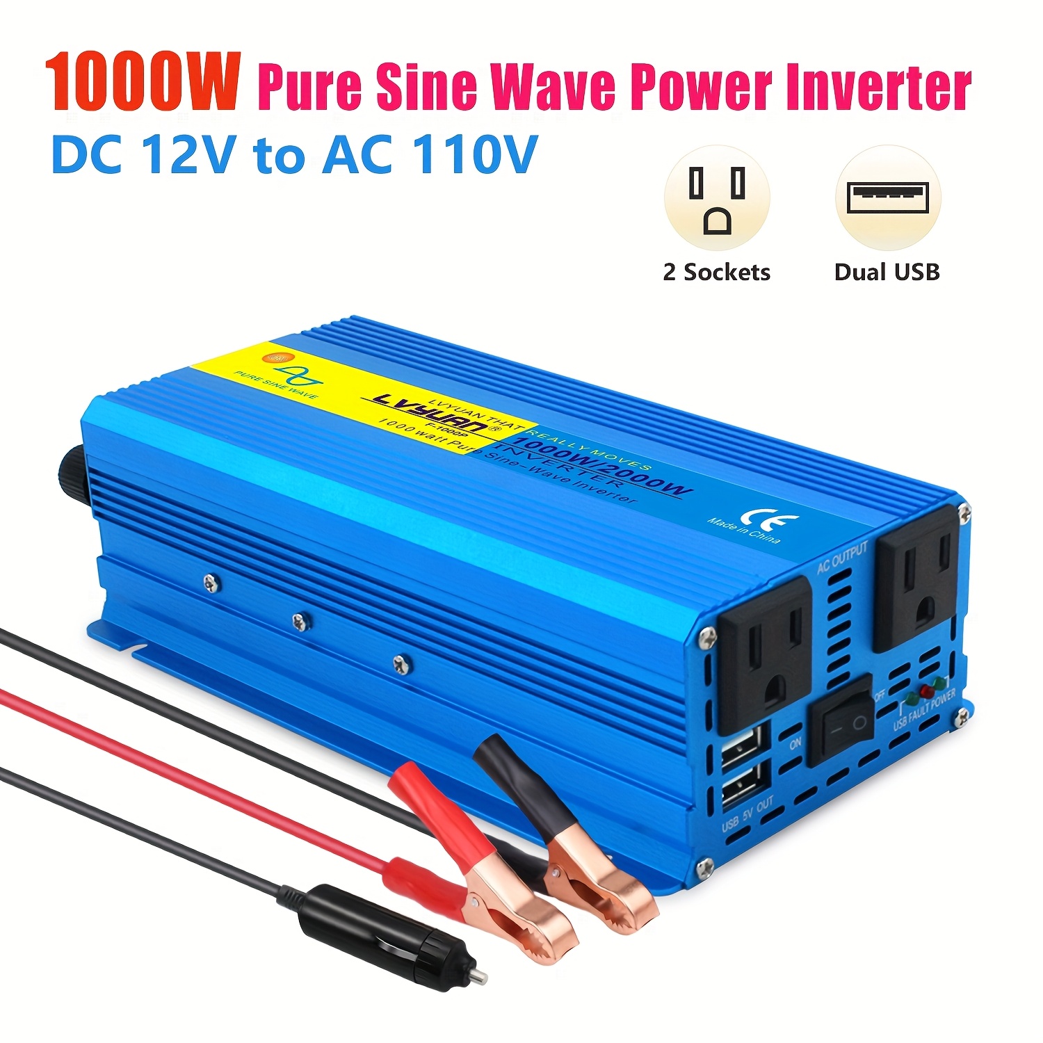 Lvyuan 6000w Pure Sine Inverter, 1000w/2000w Pure Sine Wave Inverter, 12v To 110v Ac Power Inverter With 2 Us Sockets, Dual Usb Ports (3.1a), For Car, Home, Rv, Gift