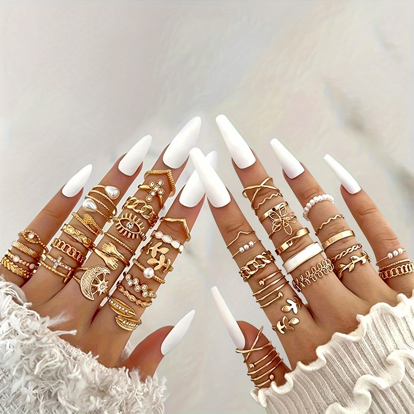 Image of 21/23/44pcs Fashionable Minimalist Multi-element Sun Leaf Hollow Geometric Ring Set For Women, Holiday Party Date Gift For , , Christmas, Valentine's Day, Casual Attire