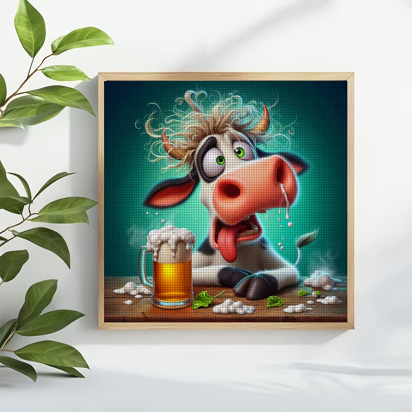 Cross-Stitch Printed Kit, Drunk Cow Tongue Out Drinking Beer
