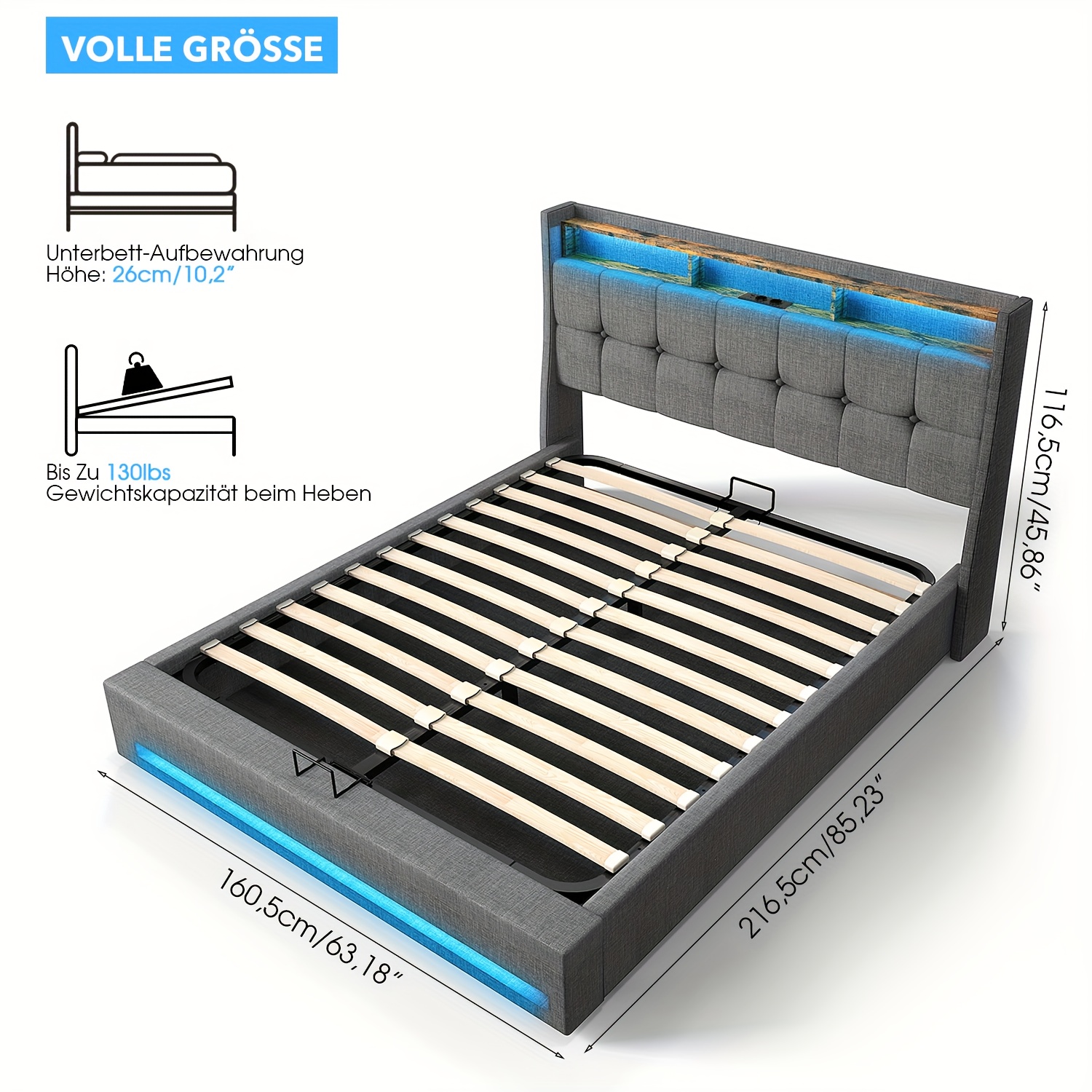 Double Bed Frame - Bed 160x200 Cm - Height With Underbed Storage - Upholstered Platform Bed Frame - Grey