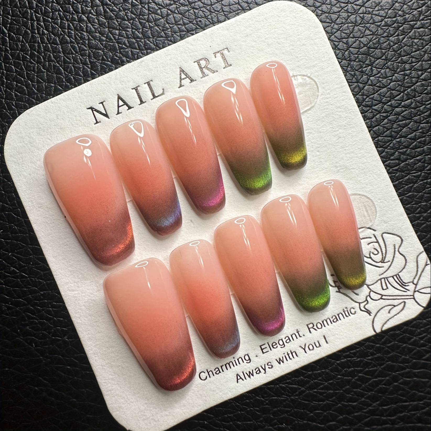 

Classical Pink Handmade Long Coffin Press On Nails, Cat Eye Effect Multiple Color French Tip, Simple Plain, Nail Art, Beauty Gift, Birthday Gift