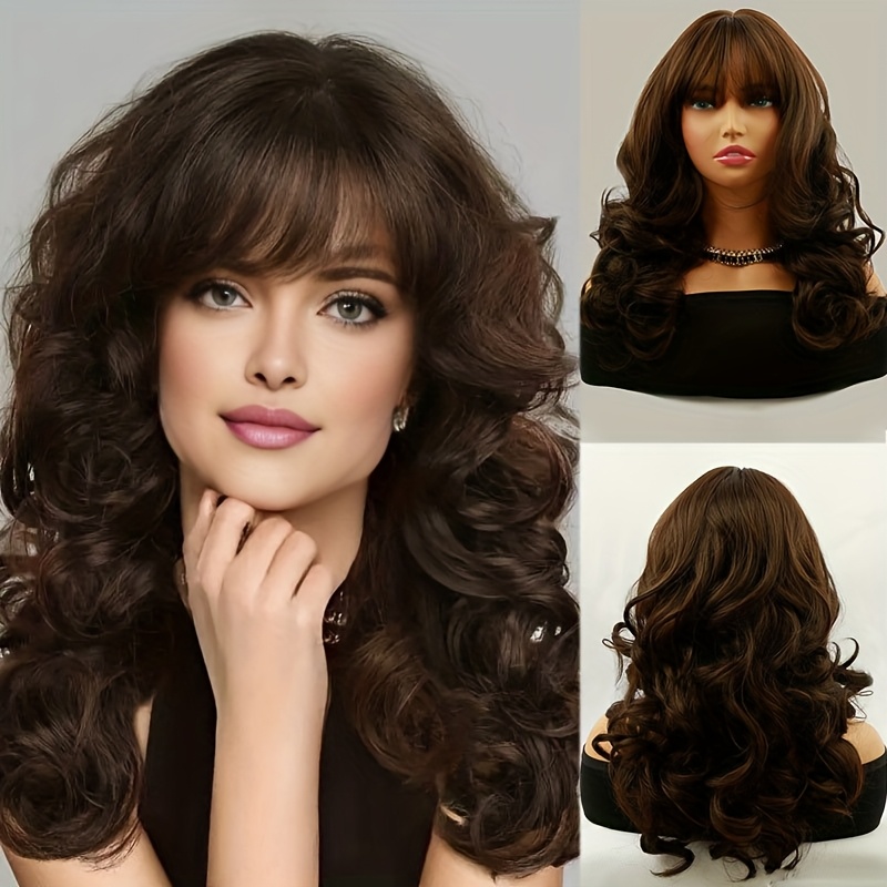 Image of 22-inch Long Brown Curly Wig Featuring Bangs - High Density, Heat-resistant Synthetic Cap, Breathable And Fashionable For Everyday Use, Parties, Or Halloween, A -looking Hairpiece