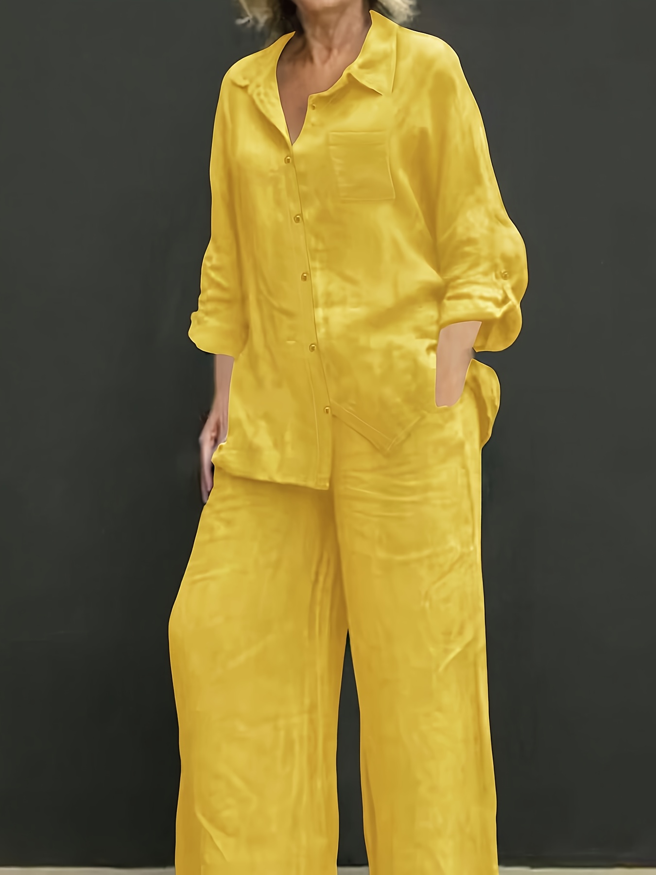 casual collar cardigan and wide leg pants set elegant versatile   fit solid   shirt top with soft fabric for comfortable beach vacation     loose waist trousers two piece outfit