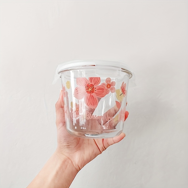 E-shop Kirschblüten-Glas-Suppe Schüssel mit Deckel, Runder Frischhaltebehälter, Mikrowellenfeste Suppentasse für Büroangestellte, Tragbare Versiegelte