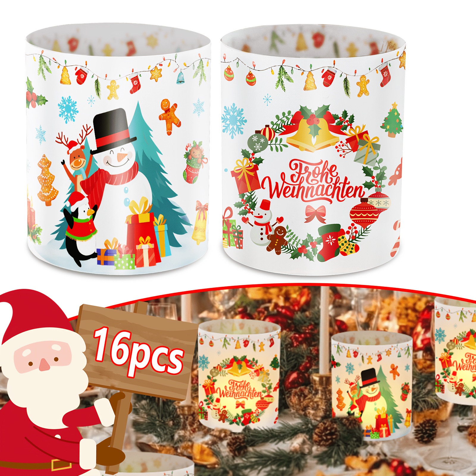 Image of 16pcs Merry Christmas Candle Shades Printed With Snowman, Reindeer, And Gingerbread Man Patterns, Suitable For Advent And Christmas Tabletop Decorations As Well As Winter Festival Ambiance Decor