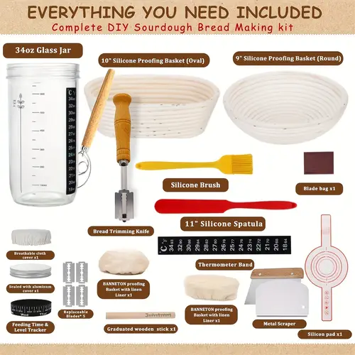 sourdough bread starter kit along with a large of sourdough bread baking supplies kitchen must haves such as utensils baking supplies equipment cookware set kitchen accessories proofing baskets