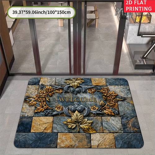 polyester european style floor mat with golden floral and leaf pattern featuring welcome text machine washable and non slip thickened super soft and absorbent suitable for living room bedroom foyer entrance